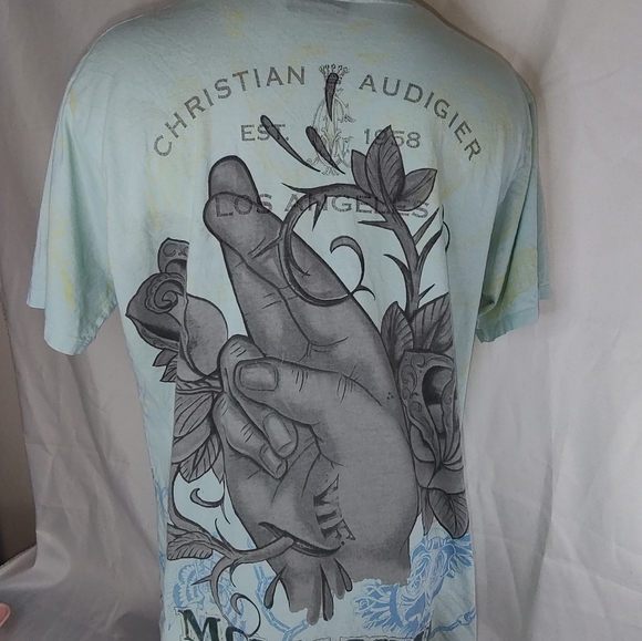 Christian Audigier Blue Mens XXL T-Shirt Embellished crossed finger and lily - Picture 3 of 4
